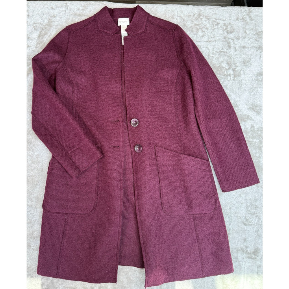 Chicos Burgundy Long Line Wool Blend Notch Collarless Blazer Size 1 Womens 8 M